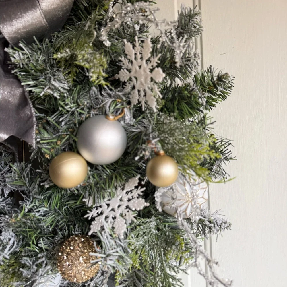 Elegant Silver and Gold Holiday frosted pine Wreath